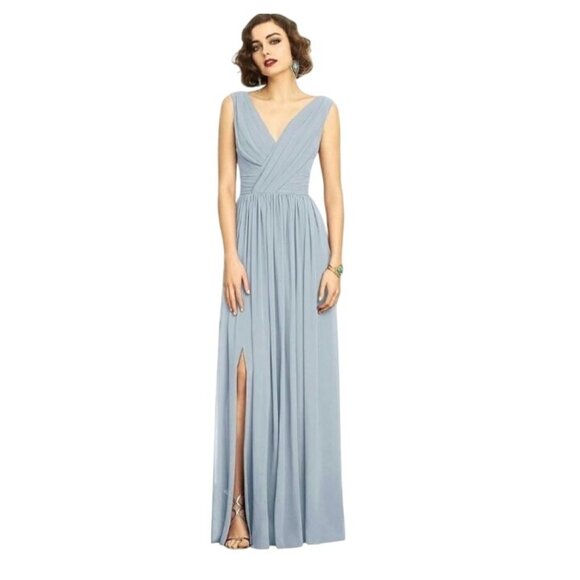NEW Dessy‎ Collection Lux Drapped Chiffon V-Neck Full-Length Dress Mist Blue 8 - Picture 1 of 15